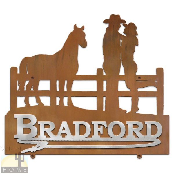 609117 - 31in Wide Cowboy Couple Horizontal Metal Name Sign