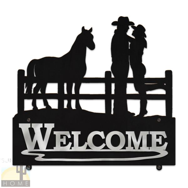609118 - 25in Wide Cowboy Couple Horizontal Metal Welcome Sign