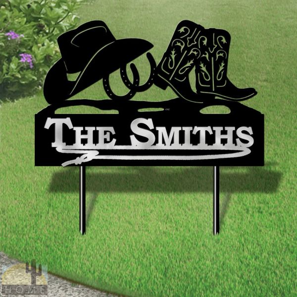 610047 - 31in Wide Horseshoes and Hat Custom Name Metal Yard Sign