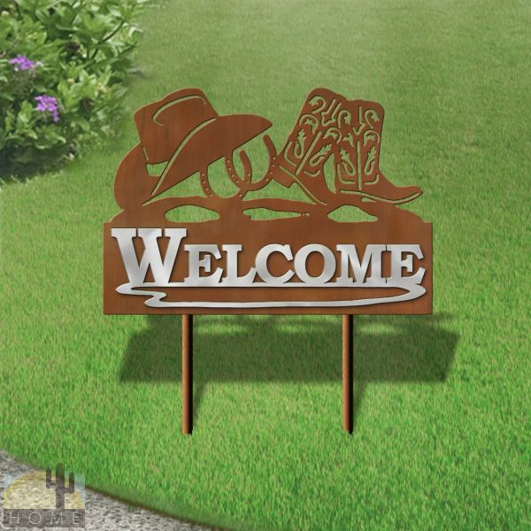 610048 - 25in Wide Horseshoes and Hat Welcome Metal Yard Sign