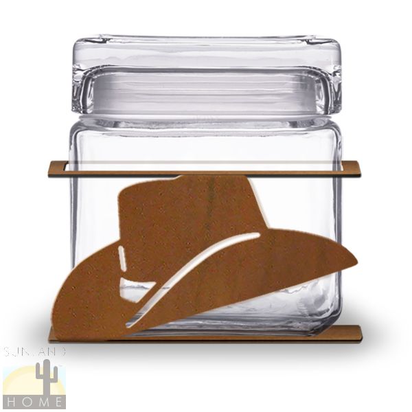 620061R - Cowboy Hat 1-Quart Glass and Metal Kitchen Canister in Rust Patina