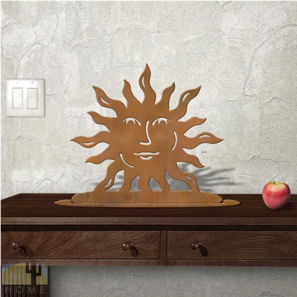 623015r - Tabletop Metal Sculpture - 18in W x 17in H - Happy Sun - Rust Patina