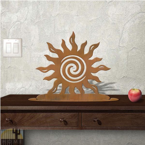 623039r - Tabletop Metal Sculpture - 18in W x 17in H - Spiral Sun - Rust Patina