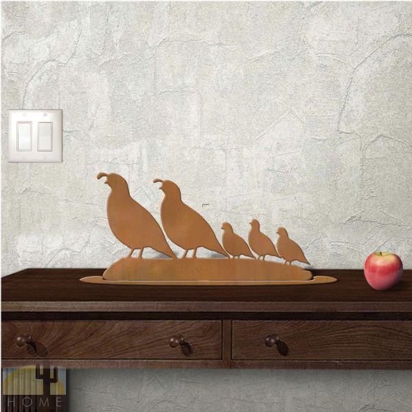 623055r - Tabletop Metal Sculpture - 19in W x 10in H - Quail Family - Rust Patina