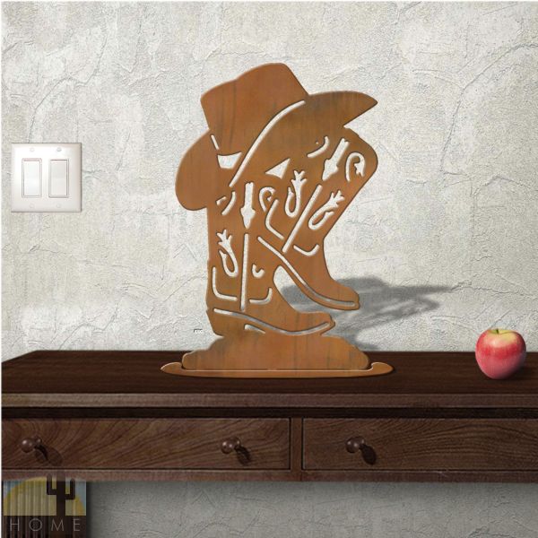 623406r - Tabletop Metal Sculpture - 12in W x 18in H - Boots Hat - Rust Patina