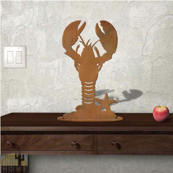 623407r - Tabletop Metal Sculpture - 10in W x 18in H - Lobster - Rust Patina