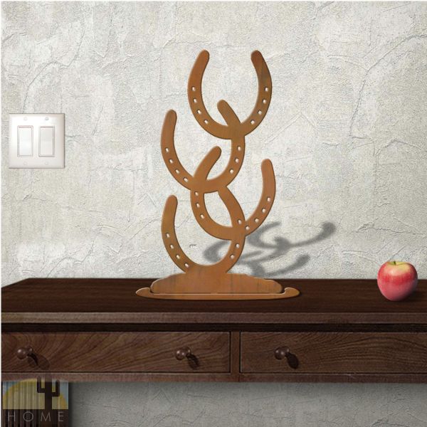 623411r - Tabletop Metal Sculpture - 10in W x 18in H - Horseshoes - Rust Patina