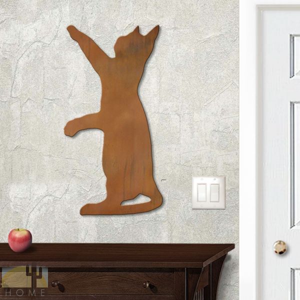 625401r - 18in or 24in Floating Metal Wall Art - Reaching Cat - Rust Patina