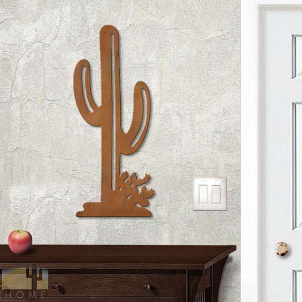 625408r - 18in or 24in Floating Metal Wall Art - Saguaro And Prickly Pear - Rust Patina