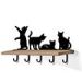 618047B - Four Fun Felines Black Decorative Metal Art with 5 Hooks and 24in Wood Shelf