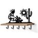 618152B - Kokopelli and Cactus Black Decorative Metal Art with 5 Hooks and 24in Wood Shelf